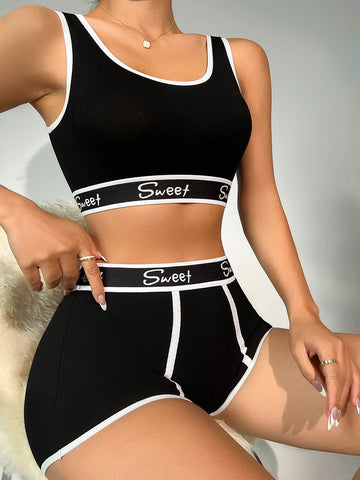 Set de lencería con estampado de letra unido en contraste Set de lencería con estampado de letra unido en contraste