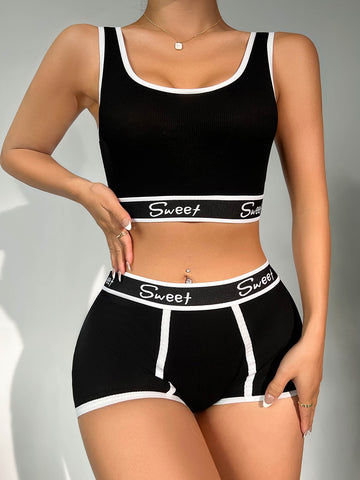Set de lencería con estampado de letra unido en contraste Set de lencería con estampado de letra unido en contraste