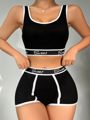 Set de lencería con estampado de letra unido en contraste Set de lencería con estampado de letra unido en contraste