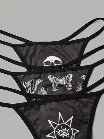 3 piezas Tanga de cráneo & con estampado de mariposa 3 piezas Tanga de cráneo & con estampado de mariposa