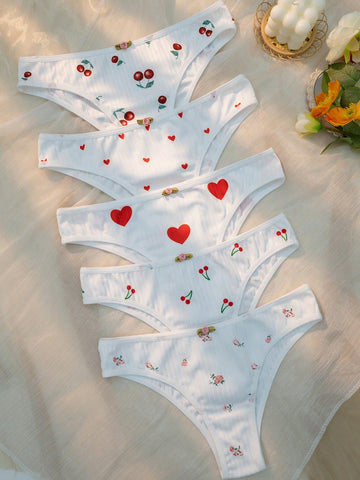 5 piezas Bragas con cereza & con estampado de corazón 5 piezas Bragas con cereza & con estampado de corazón