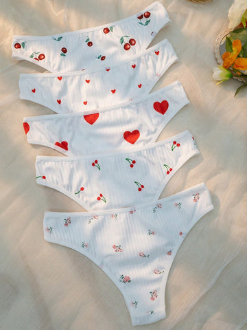 5 piezas Bragas con cereza & con estampado de corazón 5 piezas Bragas con cereza & con estampado de corazón