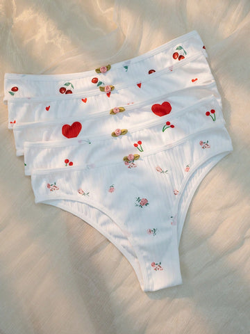 5 piezas Bragas con cereza & con estampado de corazón 5 piezas Bragas con cereza & con estampado de corazón