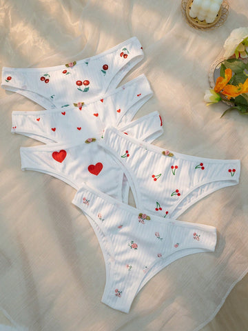 5 piezas Bragas con cereza & con estampado de corazón 5 piezas Bragas con cereza & con estampado de corazón