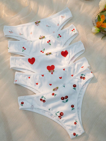 5 piezas Bragas con cereza & con estampado de corazón 5 piezas Bragas con cereza & con estampado de corazón