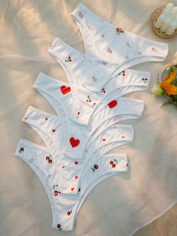5 piezas Bragas con cereza & con estampado de corazón 5 piezas Bragas con cereza & con estampado de corazón