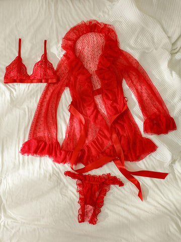 Set de lencería & Bata con cinturón con encaje floral ribete con fruncido Set de lencería & Bata con cinturón Set de lencería & Bata con cinturón con encaje floral ribete con fruncido Set de lencería & Bata con cinturón