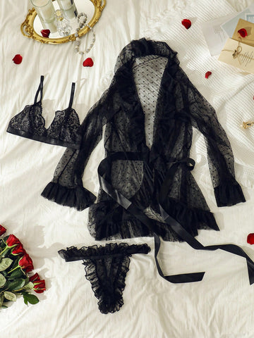 Set de lencería & Bata con cinturón con encaje floral ribete con fruncido Set de lencería & Bata con cinturón Set de lencería & Bata con cinturón con encaje floral ribete con fruncido Set de lencería & Bata con cinturón