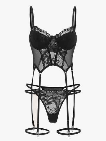 4 piezas Set de lencería con tanga con encaje floral con abertura con liga con aro 4 piezas Set de lencería con tanga con encaje floral con abertura con liga con aro