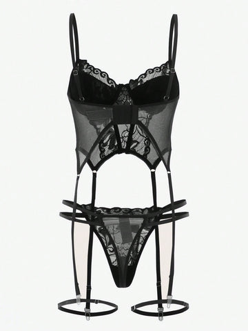 4 piezas Set de lencería con tanga con encaje floral con abertura con liga con aro 4 piezas Set de lencería con tanga con encaje floral con abertura con liga con aro