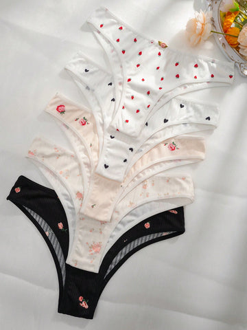 5 piezas Bragas con cereza & con estampado de corazón 5 piezas Bragas con cereza & con estampado de corazón