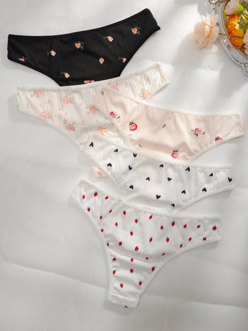 5 piezas Bragas con cereza & con estampado de corazón 5 piezas Bragas con cereza & con estampado de corazón