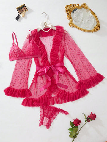 Set de lencería & Bata con cinturón con encaje floral ribete con fruncido Set de lencería & Bata con cinturón Set de lencería & Bata con cinturón con encaje floral ribete con fruncido Set de lencería & Bata con cinturón