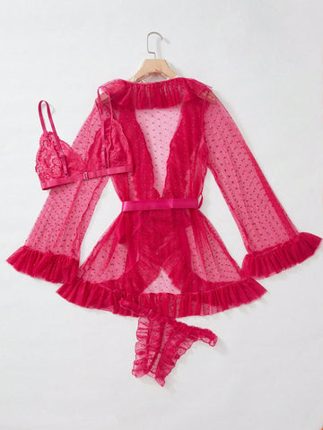 Set de lencería & Bata con cinturón con encaje floral ribete con fruncido Set de lencería & Bata con cinturón Set de lencería & Bata con cinturón con encaje floral ribete con fruncido Set de lencería & Bata con cinturón