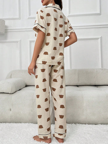 Conjunto de pijama con gráfico de dibujos animados y ribete en contraste Conjunto de pijama con gráfico de dibujos animados y ribete en contraste