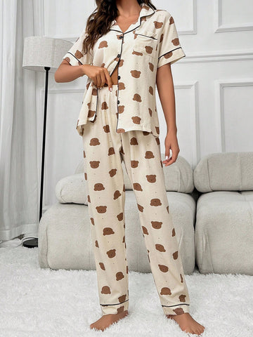 Conjunto de pijama con gráfico de dibujos animados y ribete en contraste Conjunto de pijama con gráfico de dibujos animados y ribete en contraste