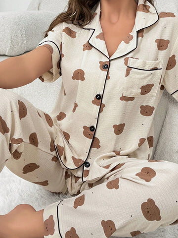 Conjunto de pijama con gráfico de dibujos animados y ribete en contraste Conjunto de pijama con gráfico de dibujos animados y ribete en contraste