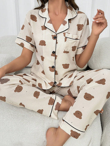 Conjunto de pijama con gráfico de dibujos animados y ribete en contraste Conjunto de pijama con gráfico de dibujos animados y ribete en contraste