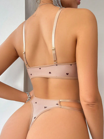 Set de lencería con estampado de corazón vinculado con aro Set de lencería con estampado de corazón vinculado con aro