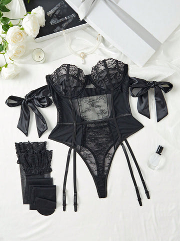 5 piezas Body teddy Set sin forro con encaje en contraste lazo con aro 5 piezas Body teddy Set sin forro con encaje en contraste lazo con aro