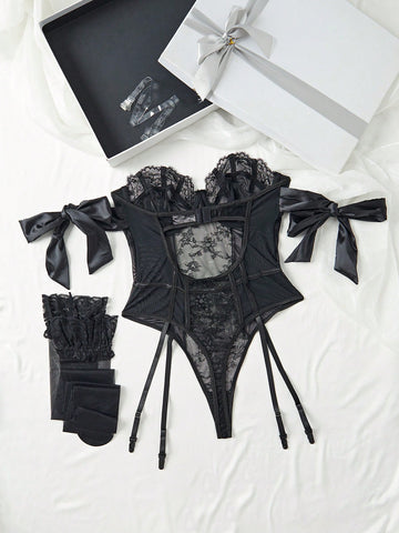 5 piezas Body teddy Set sin forro con encaje en contraste lazo con aro 5 piezas Body teddy Set sin forro con encaje en contraste lazo con aro