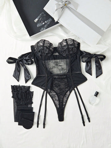 5 piezas Body teddy Set sin forro con encaje en contraste lazo con aro 5 piezas Body teddy Set sin forro con encaje en contraste lazo con aro