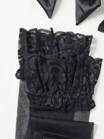 5 piezas Body teddy Set sin forro con encaje en contraste lazo con aro 5 piezas Body teddy Set sin forro con encaje en contraste lazo con aro