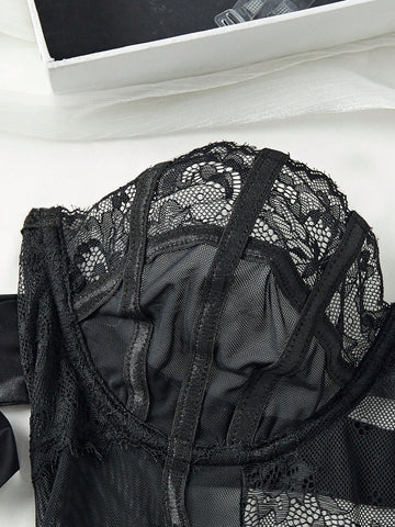 5 piezas Body teddy Set sin forro con encaje en contraste lazo con aro 5 piezas Body teddy Set sin forro con encaje en contraste lazo con aro