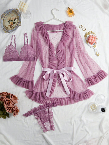 Set de lencería & Bata con cinturón con encaje floral ribete con fruncido Set de lencería & Bata con cinturón Set de lencería & Bata con cinturón con encaje floral ribete con fruncido Set de lencería & Bata con cinturón