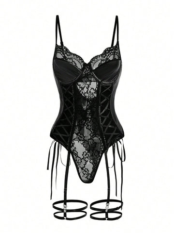 Conjunto de 3 piezas de lencería sensual de encaje gótico para mujeres Conjunto de 3 piezas de lencería sensual de encaje gótico para mujeres