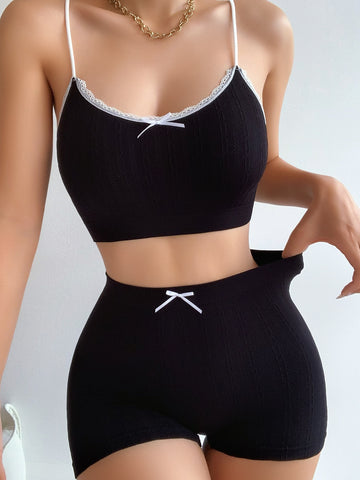 Set de lencería sin costuras con encaje en contraste con diseño de lazo Set de lencería sin costuras con encaje en contraste con diseño de lazo