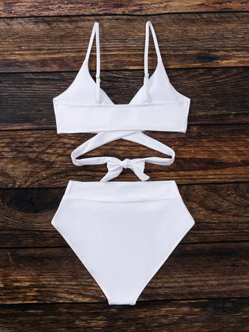 Bikini unicolor Sujetador con lazo en la espalda entrecruzado Bikini unicolor Sujetador con lazo en la espalda entrecruzado