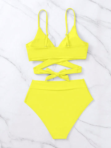 Bikini unicolor Sujetador con lazo en la espalda entrecruzado Bikini unicolor Sujetador con lazo en la espalda entrecruzado