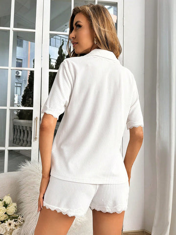 Conjunto de pijama ribete con encaje con parche de bolsillo de satén Conjunto de pijama ribete con encaje con parche de bolsillo de satén