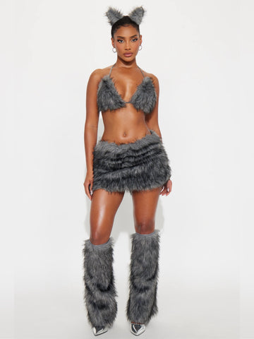 Disfraz Loba peluche (orejas, top, falda, polainas)