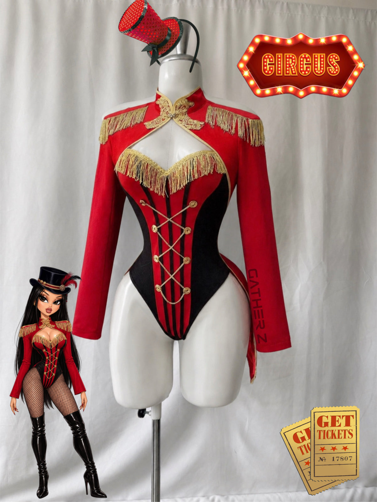 Disfraz domadora circo (body, chaqueta, sombrero, medias malla)