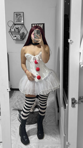 Disfraz payasa corset con pompones, medias y falda