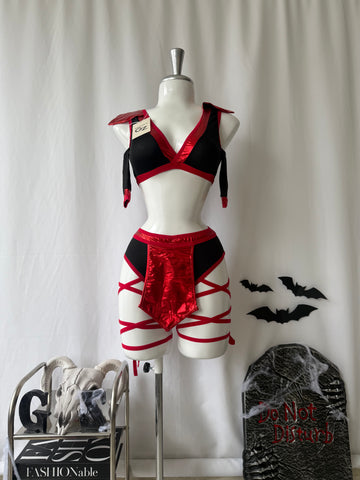 Disfraz ninja lame (top, Panty, ligueros, delantal, mangas)