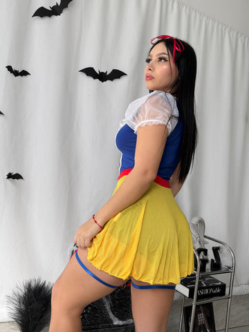 Disfraz Blanca Nieves (vestido, ligas, moño)