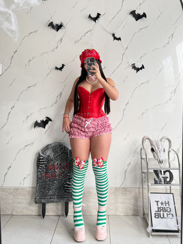 Disfraz rosita fresita (corset, short, medias, moños , gorro)