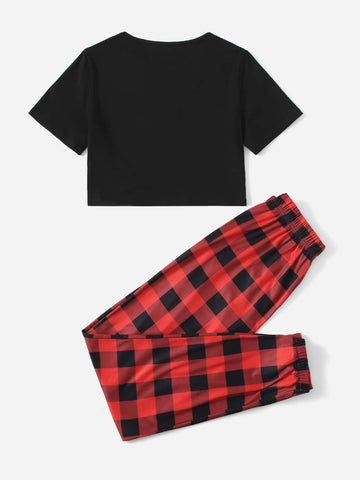 Conjunto de pijama camiseta corta con pantalones con estampado de guingán