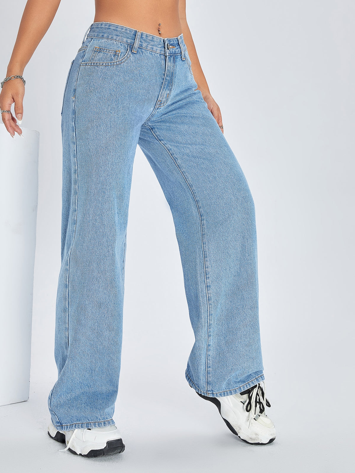 Jeans de pierna ancha casuales para mujer con bolsillo oblicuo para uso diario