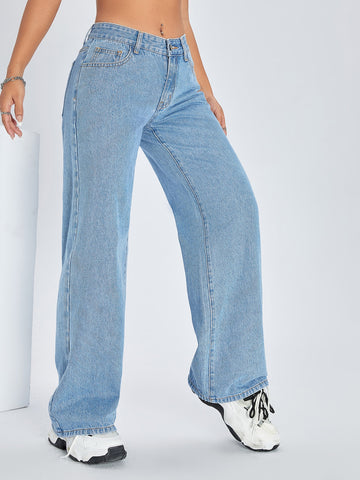 Jeans de pierna ancha casuales para mujer con bolsillo oblicuo para uso diario
