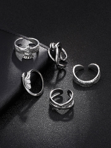 5 piezas Anillos abierto para hombre con diseño de ala acero inoxidable