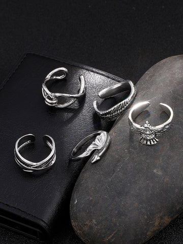 5 piezas Anillos abierto para hombre con diseño de ala acero inoxidable