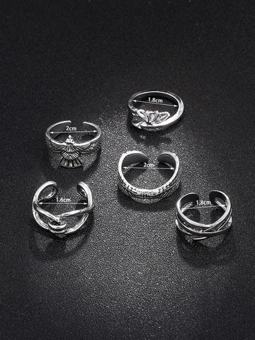 5 piezas Anillos abierto para hombre con diseño de ala acero inoxidable