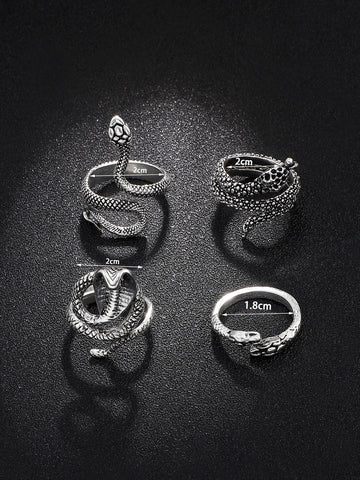 4 piezas anillos de acero inoxidable con diseño de serpiente para hombre