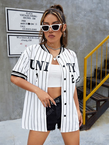Camisa béisbol con estampado de rayas y letra de hombros caídos