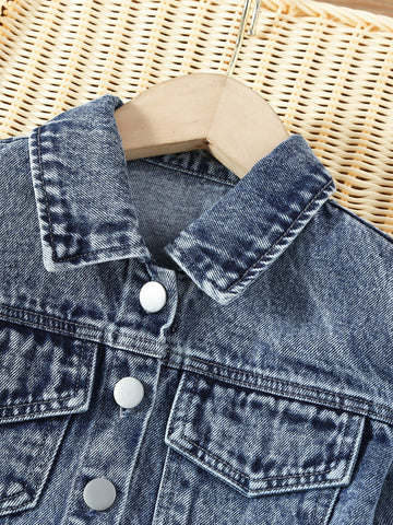 Chaqueta De Denim Con Solapa Y Falda Con Borde De Volante Para Niña Joven