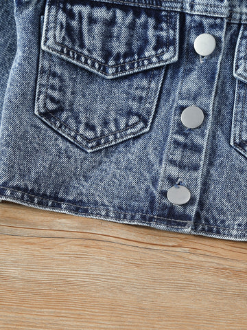 Chaqueta De Denim Con Solapa Y Falda Con Borde De Volante Para Niña Joven